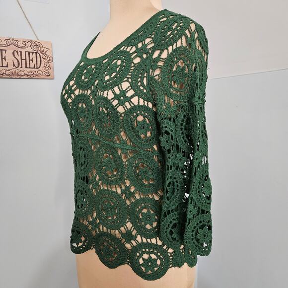 Ultra Pink Top Womens Small Green Open Crochet Knit 3/4 Bell Sleeve Scoopneck - Picture 6 of 14
